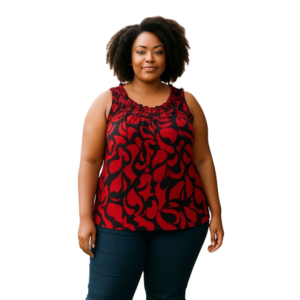 Lane Bryant Red Black Print Ruffle Neck Sleeveless Tank‎ Top Plus Size 18/20W